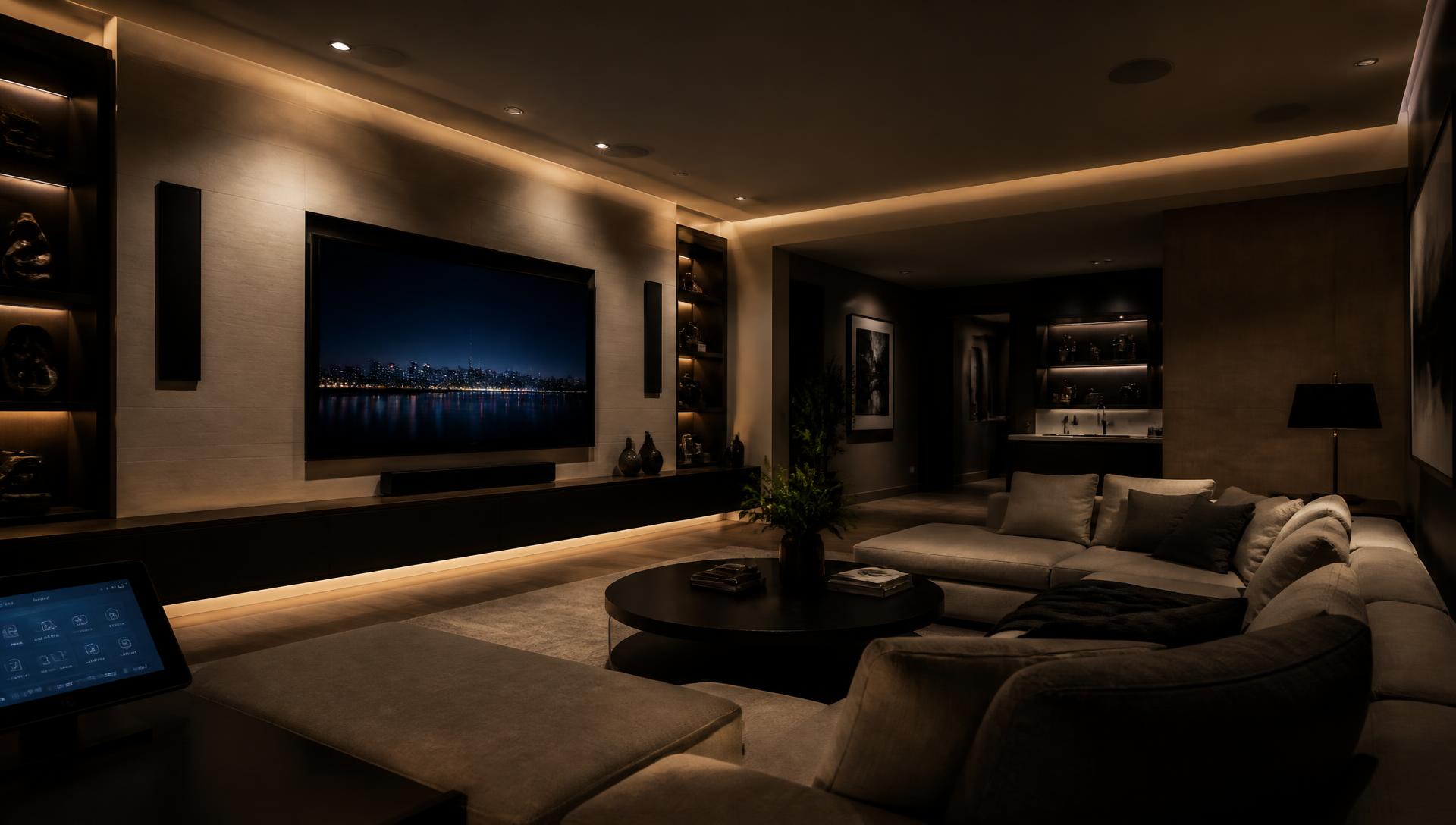 Bright modern living room with custom cove lighting, wall-mounted flat screen TV and flush in-ceiling speakers